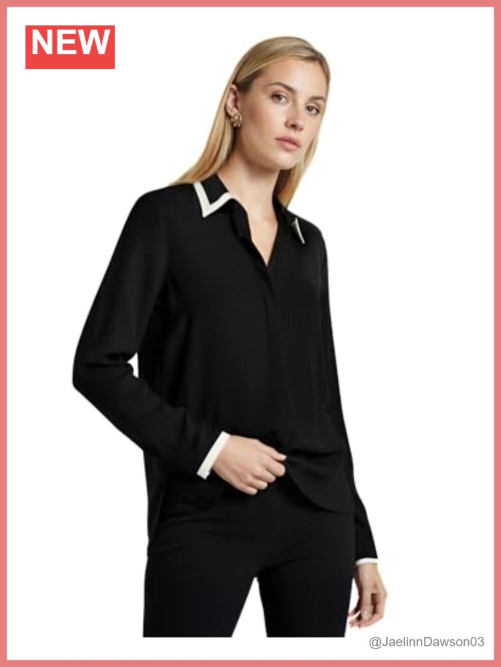 Long-Sleeve Button-Down Blouse with Contrast Tipping